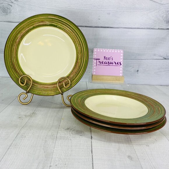 Gibson Home Green Rim Cream Center Oven Safe Ceramic Shallow Pasta Bowls Set 4 - Picture 1 of 10
